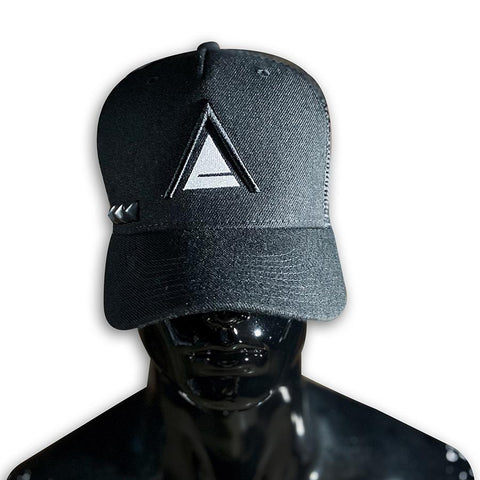 Black Snap Back Trucker Cap with Black and White Embroidery and 3 Studs - Out Now! Caps GhostCircus Apparel