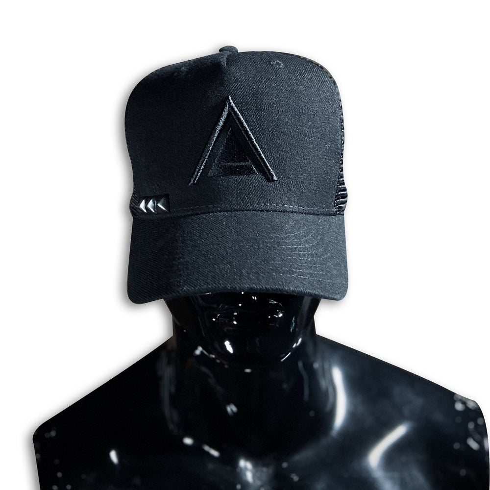 Black Stud + Black 3D Embroidered Snap Back Caps GhostCircus Apparel black + black logo + black studs