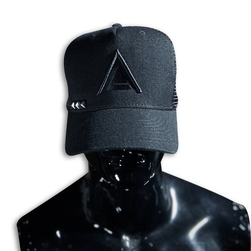 Black Stud + Black 3D Embroidered Snap Back Caps GhostCircus Apparel black + black logo + black studs