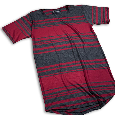 Burgundy Charcoal Stripe Raw Collar Premium Scoop Bottom Unisex Tee Scoop T-shirt GhostCircus Apparel