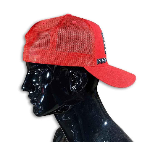 Red Trucker Cap with 5 Year Patch and Stud Caps GhostCircus Apparel 