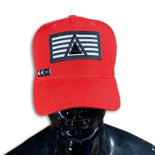 Red Trucker Cap with 5 Year Patch and Stud Caps GhostCircus Apparel 