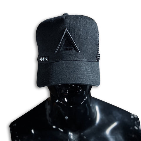 Black Stud + Black 3D Embroidered Snap Back Caps GhostCircus Apparel black + black logo + black studs 