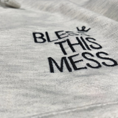 Heather Cream Designer Hoodie with Bless This Mess embroidered on the chest