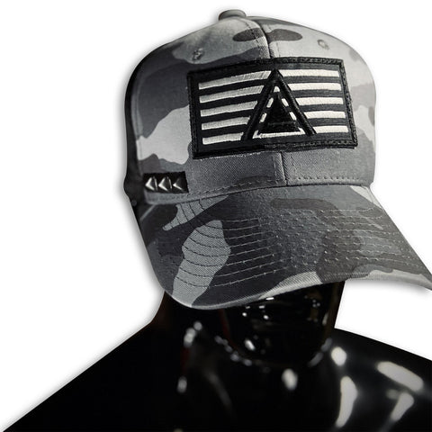 Grey Camo Trucker + 5 Year Stud Caps GhostCircus Apparel grey scale trucker with 5yr flag patch and 3 studs 