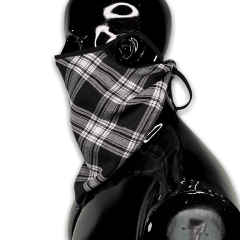Black Plaid Outlaw 2.0 Bandana with Ear Loops Nose Wire and Filter Pocket Bandana GhostCircus Apparel Black/ White/ Grey 